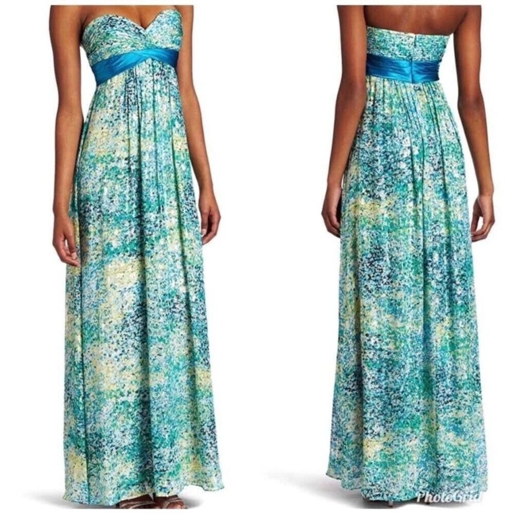 BCBG MaxAzria Prom Gown Size 0 XS - Floral Strapless Long Maxi Dress Blue Green